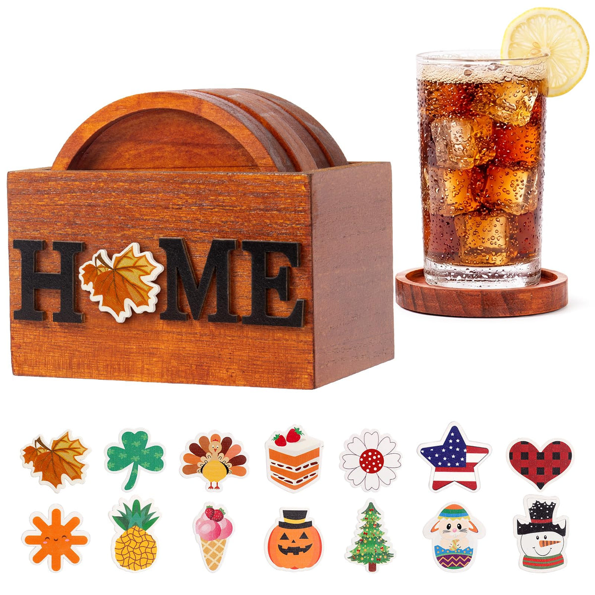 Wooden Coasters Set of 4 for Drink with Holder Table Decor
