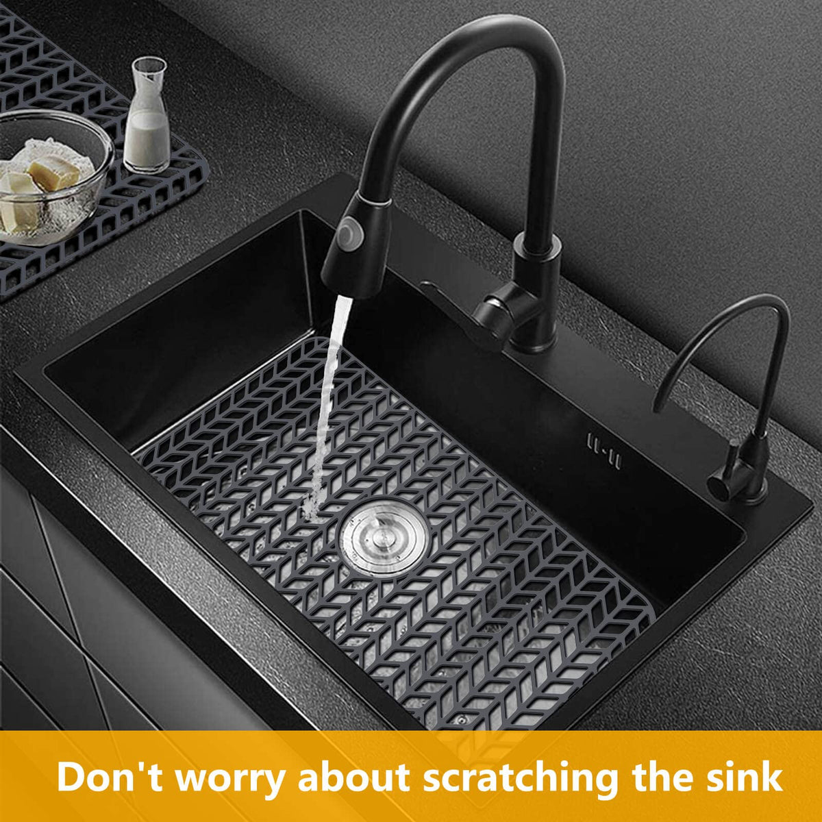 JOOKKI Sink Protectors for Kitchen Sink 12"13"16"18"19"24"26"28"29"30",Silicone kitchen sink mats protector for bottom of farmhouse sink(26"x14"Center Drain Gray)