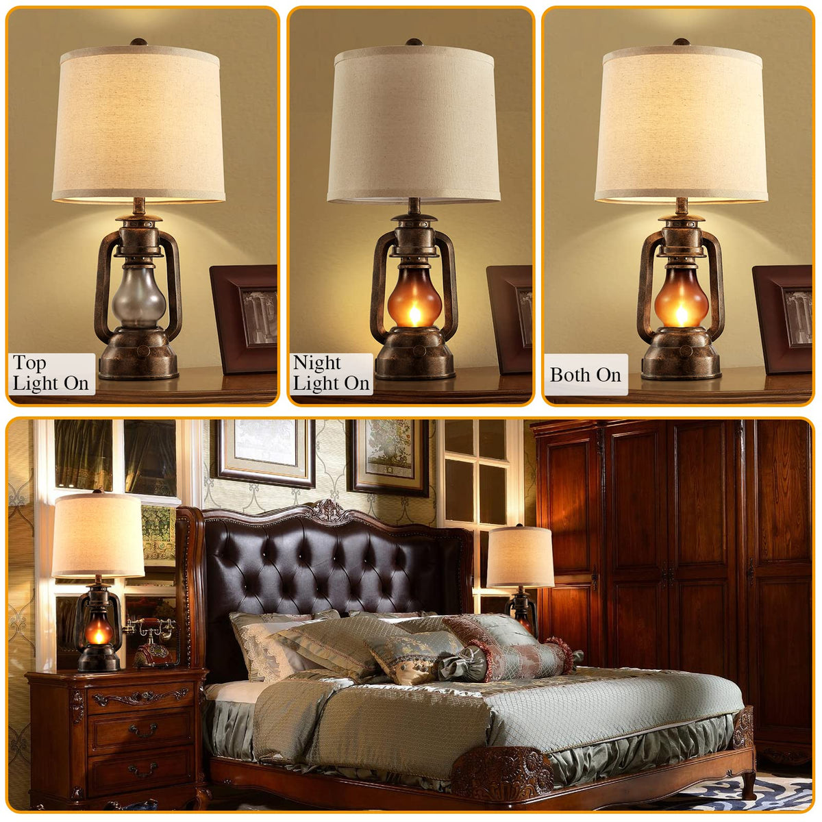 RORIANO Farmhouse Lantern Table Lamps for Living Room Set of 2 with USB C+A