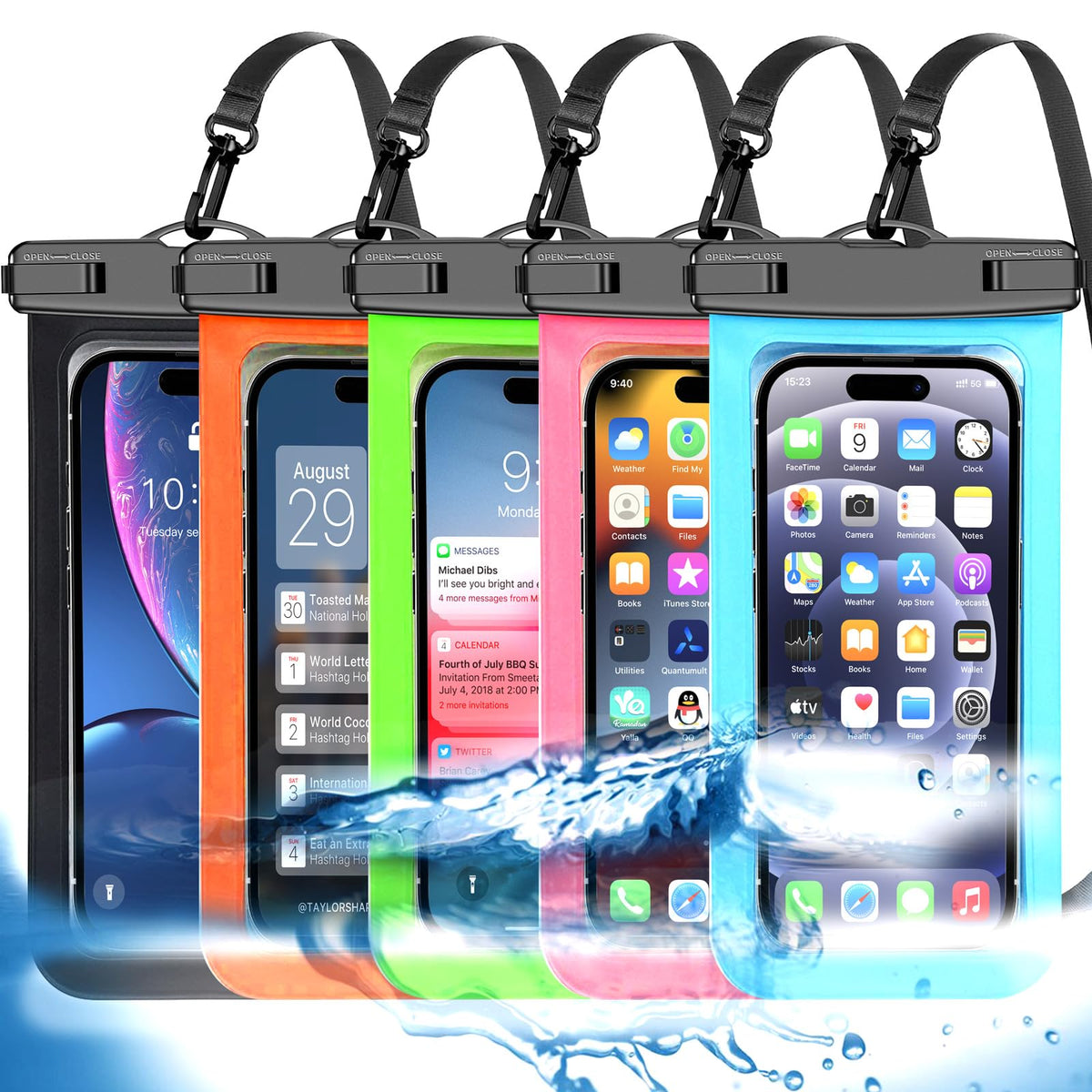 Famoby 5 Pack Multicolor Waterproof Phone Pouch, Cell Phone Case Dry Bag,Protection Level: IP68,Beach Cruise for iPhone,Samsung,and More,Lanyard Included,(Fits Up to 8.3"),Black,Blue,Pink,Orange,Green