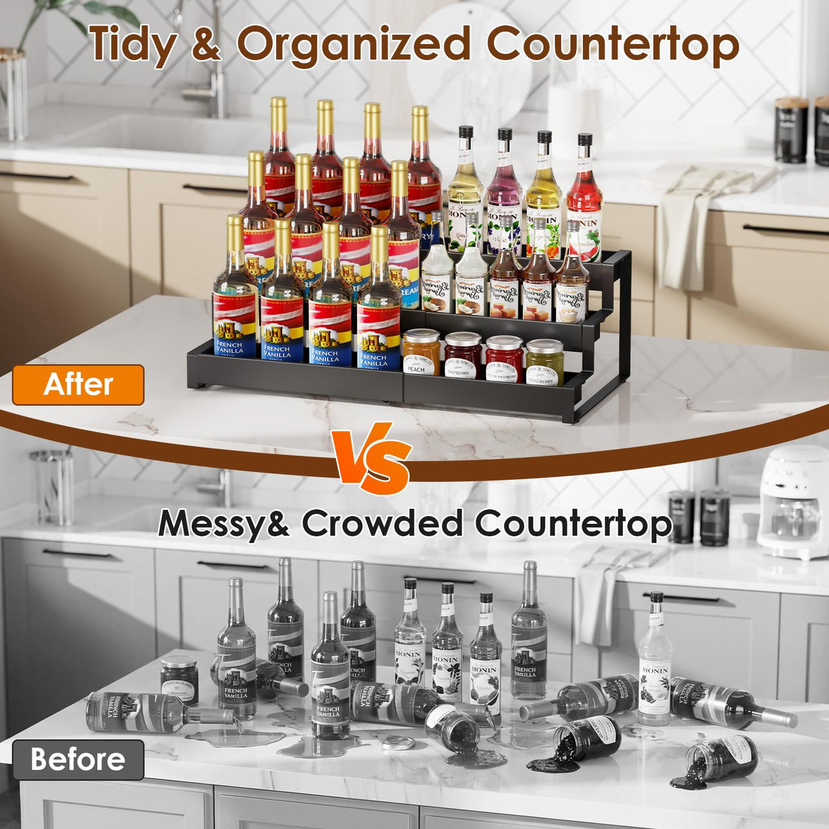 Expandable Coffee Syrup Organizer, 3-Tier Syrup Rack, 15-24 Bottles