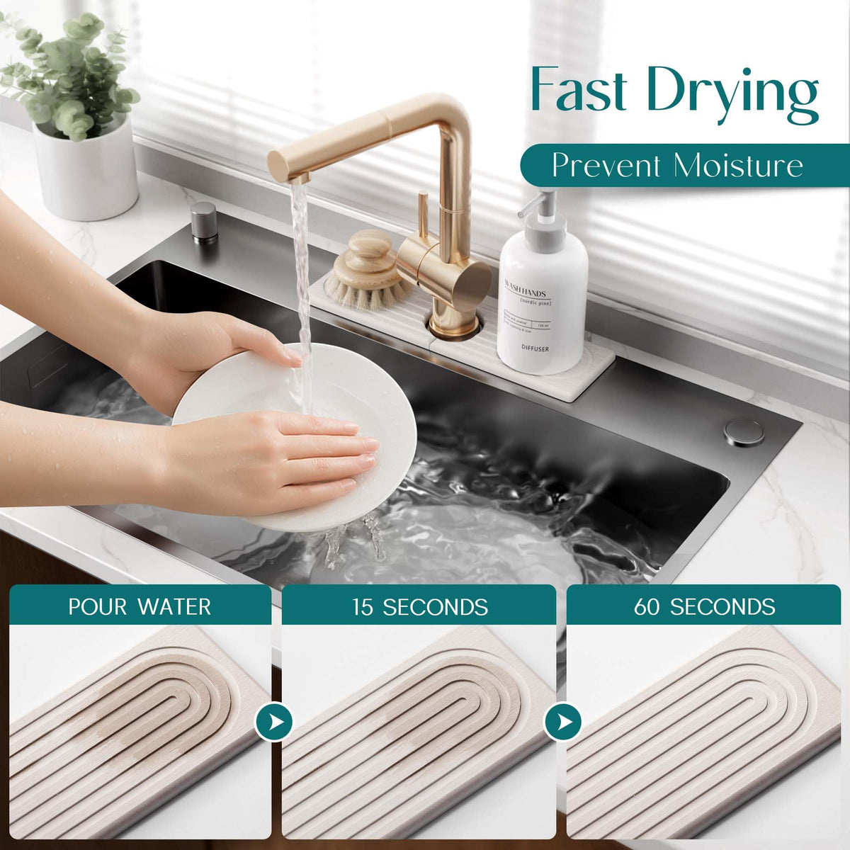 eormoe Diatomite Kitchen Faucet Mat - 14Inch Water Absorbing Stone Tray for Sink, Stone Fast-Drying Faucet Mat for Kitchen Counter Sink Accessories (Light Grey, 14'' x 3.9'')