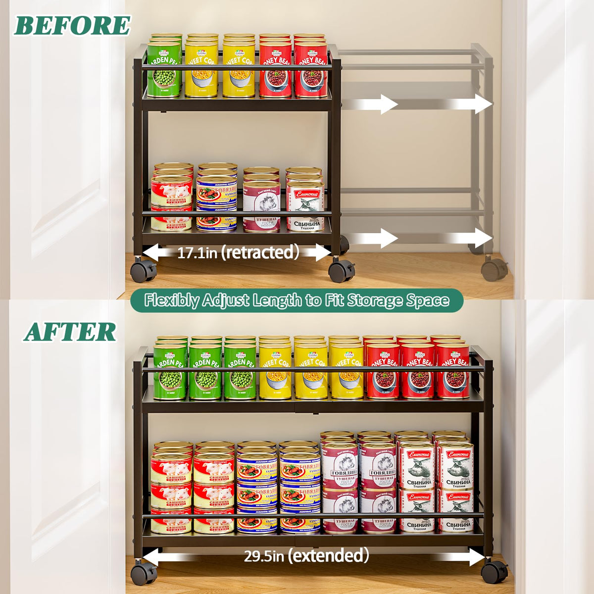 2-Tier Expandable Rolling Pantry Cart with Wheels, Adjustable Floor Organizer for Kitchen Pantry, Can Organizer for Pantry, Storage Cart for Snack, Food, Vegetables, Black, Patent Pending