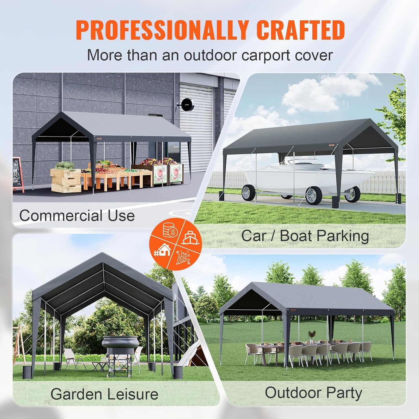 VEVOR Carport Car Canopy 10x20ft, Upgraded Heavy Duty Car Port Garage Boat Shelter Party Tent with 8 Reinforced Poles and 4 Weight Bags, UV Resistant Waterproof Tarp for SUV, Truck, Boat