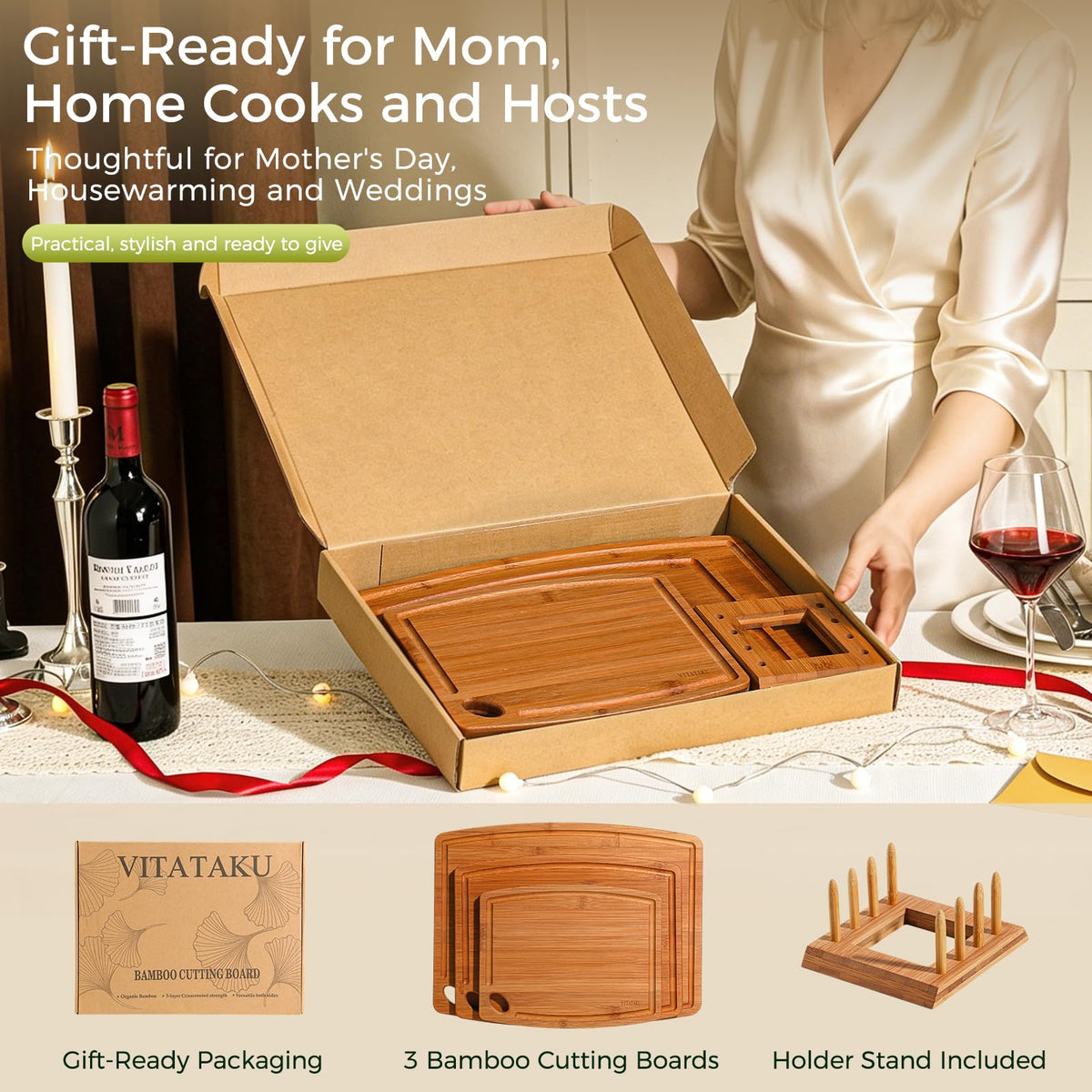VITATAKU Bamboo Cutting Board Set, Wood Cutting Boards for Kitchen