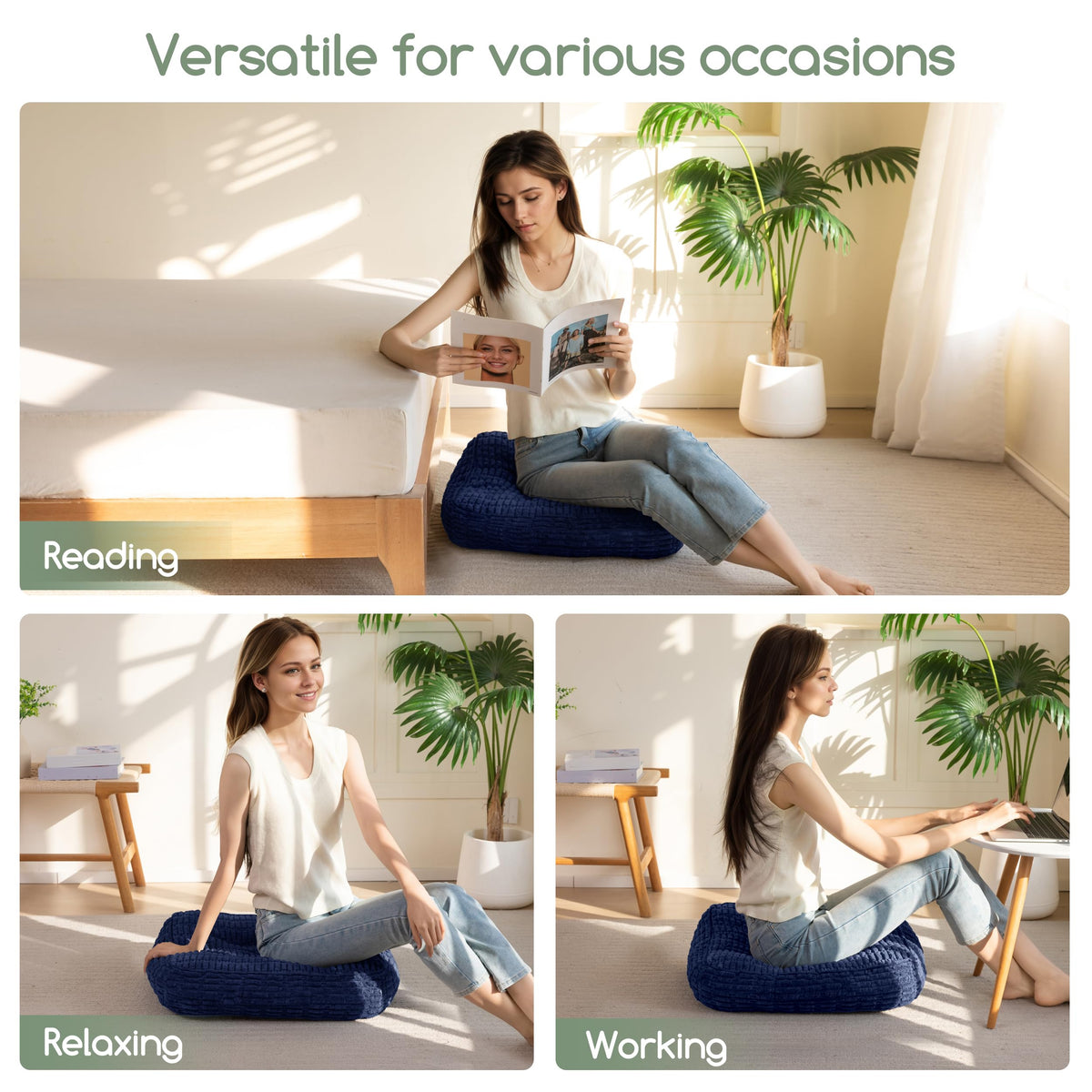 HIGOGOGO Floor Pillow Cushion for Adults, Meditation Cushion Pillow, Blended Corduroy Cover, Large Square Floor Sitting for Tatami Living Room or Yoga, 2Pack, Navy
