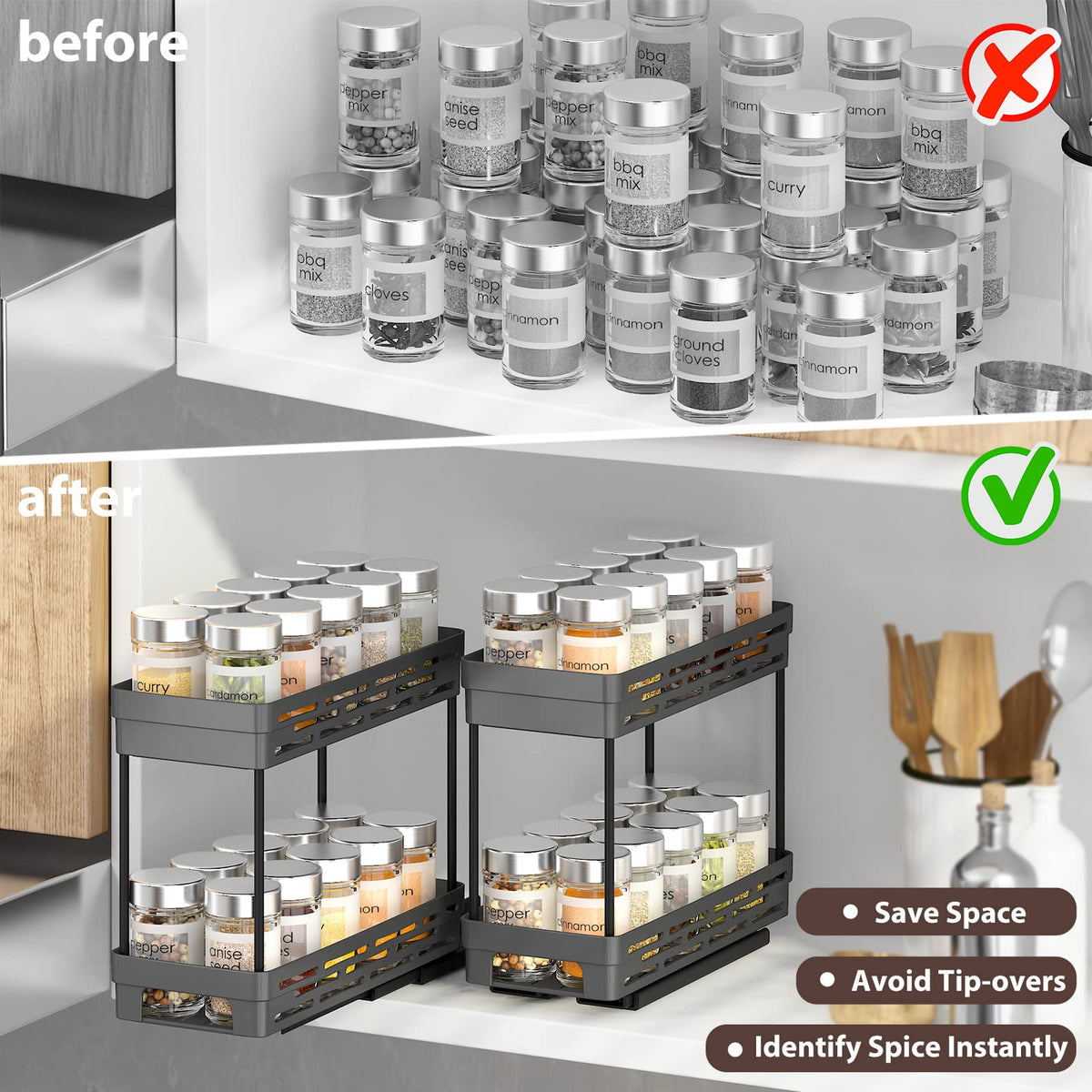 Pull Out Spice Rack Organizer for Cabinet, 3 Packs Slide Out Spice Racks Organizer, Spice Cabinet Organizers, Cabinet Size Need:12'' Highx11'' Deepx5'' Wide,Each Tier Hold 10 Spice Jar - 2 Tier, Black