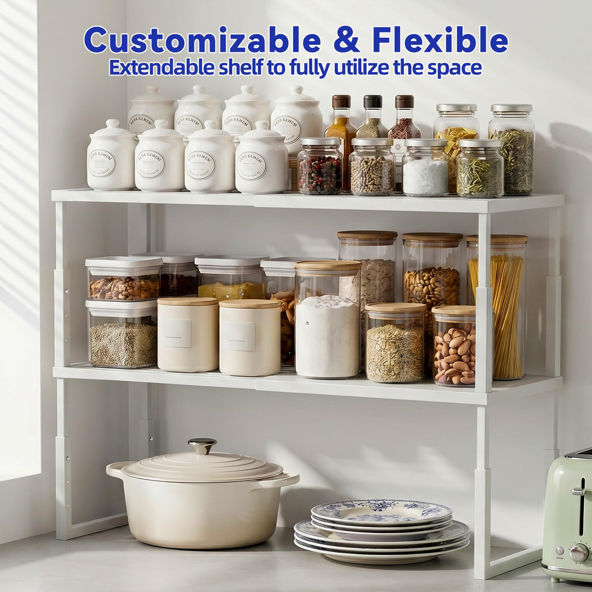 2 Packs Expandable Cabinet Shelf Organizer, Stackable Countertop Shelves
