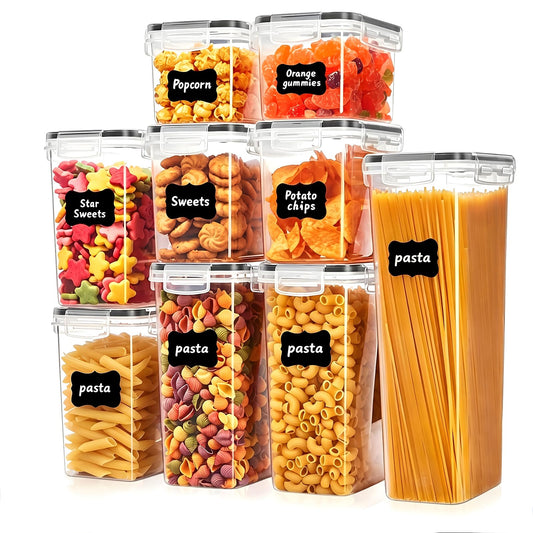 Asnews 9 PCS Airtight Food Storage Containers with Lids, Plastic Kitchen and Organization Canisters for Cereal, Dry Food, Flour and Sugar, BPA-Free, PVC-Free, Includes Labels & Marker