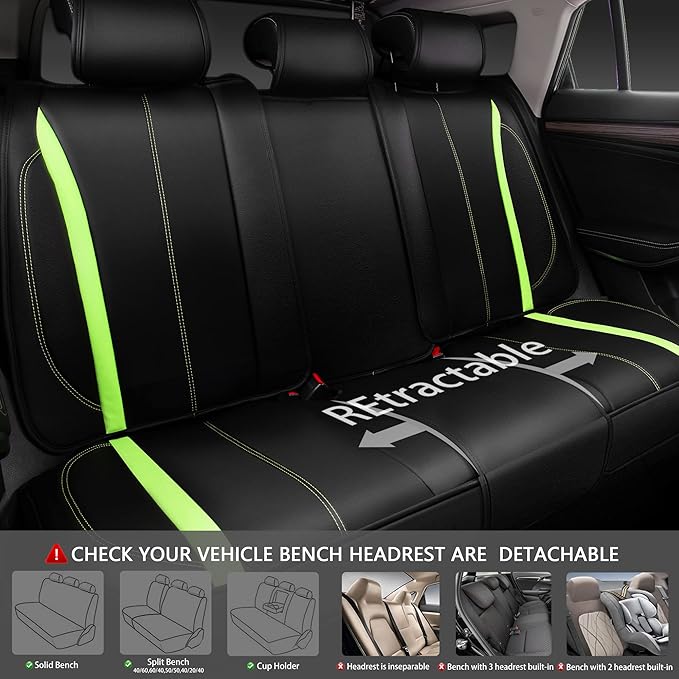 CAR PASS Fluorescent Green & Nappa Leather Seat Covers Full Set, with Backrest Cushion Protector Waist Protection Universal Fit for SUV Pick-up Truck, Automotive Vehicle Interior (Black Green)