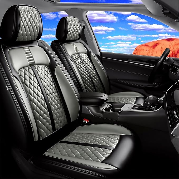 Fit Civic Car Seat Covers for Honda Civic 2020-2026 Sedan(Not for Coupe) - Premium Full Coverage Leather, Waterproof All Weather Breathable Seat Cushion Protector, Full Set, Black+Gray