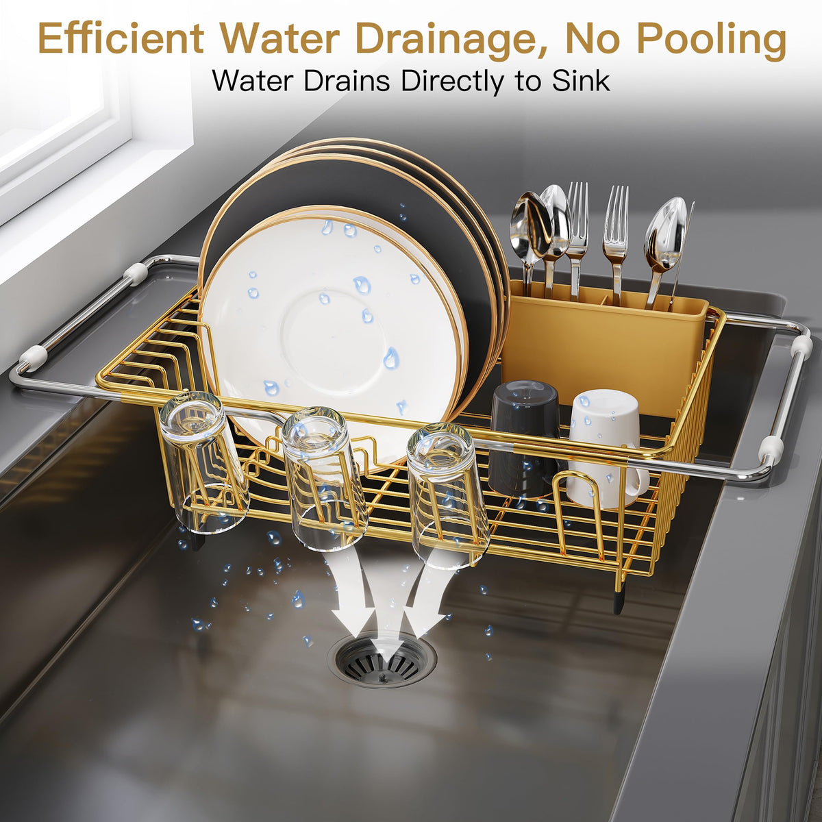 JASIWAY Gold Dish Drying Rack in Sink, Dish Drainer with Utensil Holder
