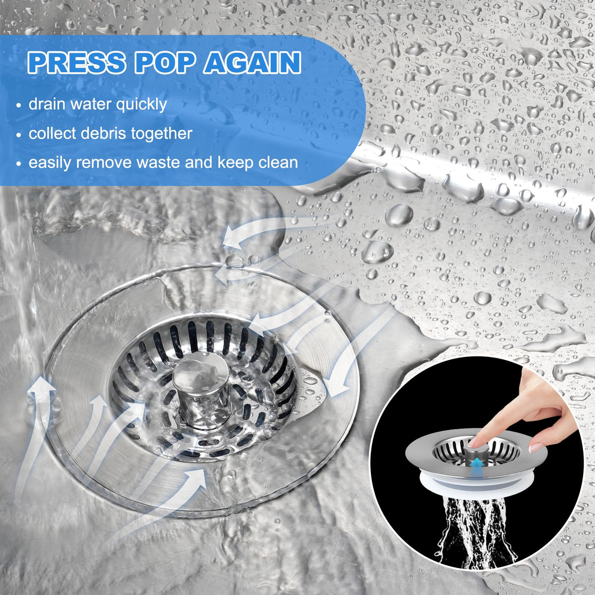 Universal Kitchen Sink Drain Stopper 3 in 1 Stainless Steel Sink Strainer