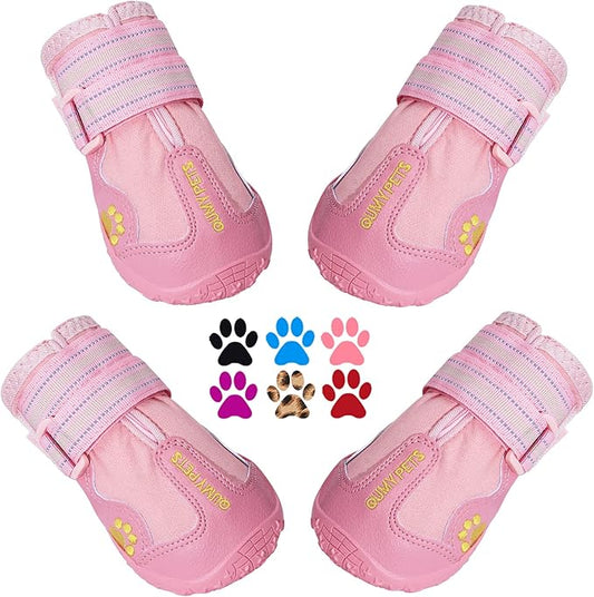 QUMY Dog Shoes for Large Dogs, Medium Dog Boots & Paw Protectors for Winter Snowy Day, Summer Hot Pavement, Waterproof in Rainy Weather, Outdoor Walking, Indoor Hardfloors Anti Slip Sole Pink 6