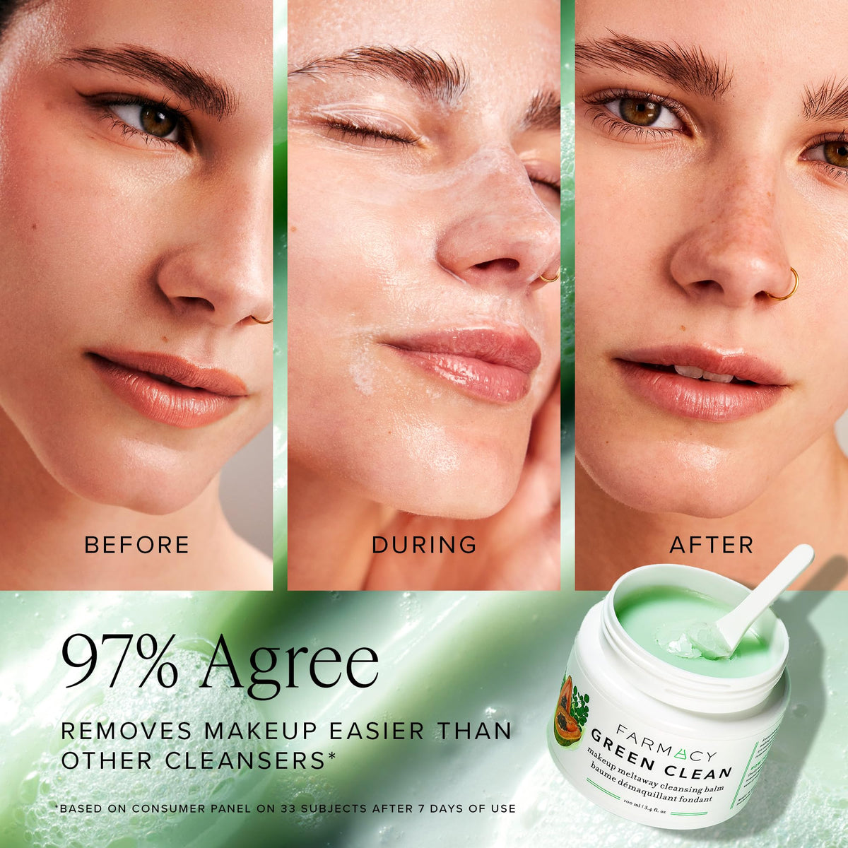 Farmacy Makeup Remover Cleansing Balm - Green Clean Waterproof Makeup Remover Balm + Oil Cleanser for Face - Gently Melts Make Up + SPF - Hydrates + Softens Skin with Super Greens + Papaya (100ml)