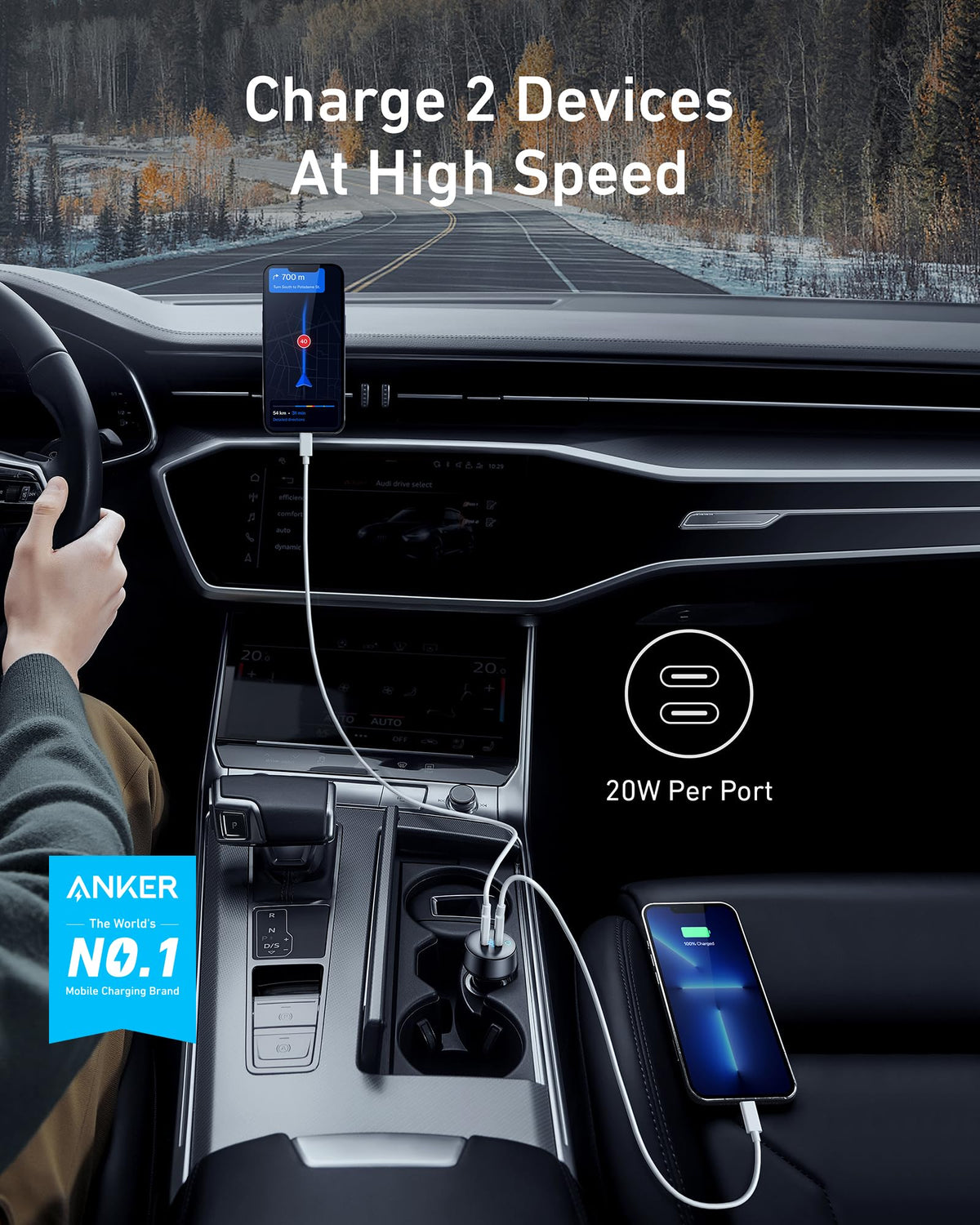 Anker 40W 2-Port PowerIQ 3.0 USB C Fast Charging Car Charger