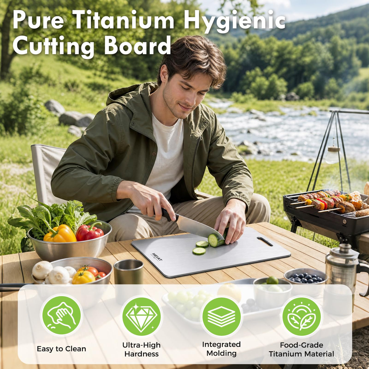 Non-Toxic Titanium Cutting Board 10” x 6”, 100% Pure Titanium Cutting Boards for Kitchen, Double-Sided Chopping Boards for Meat, Vegetables, Fruits, Handles Included, Dishwasher Safe