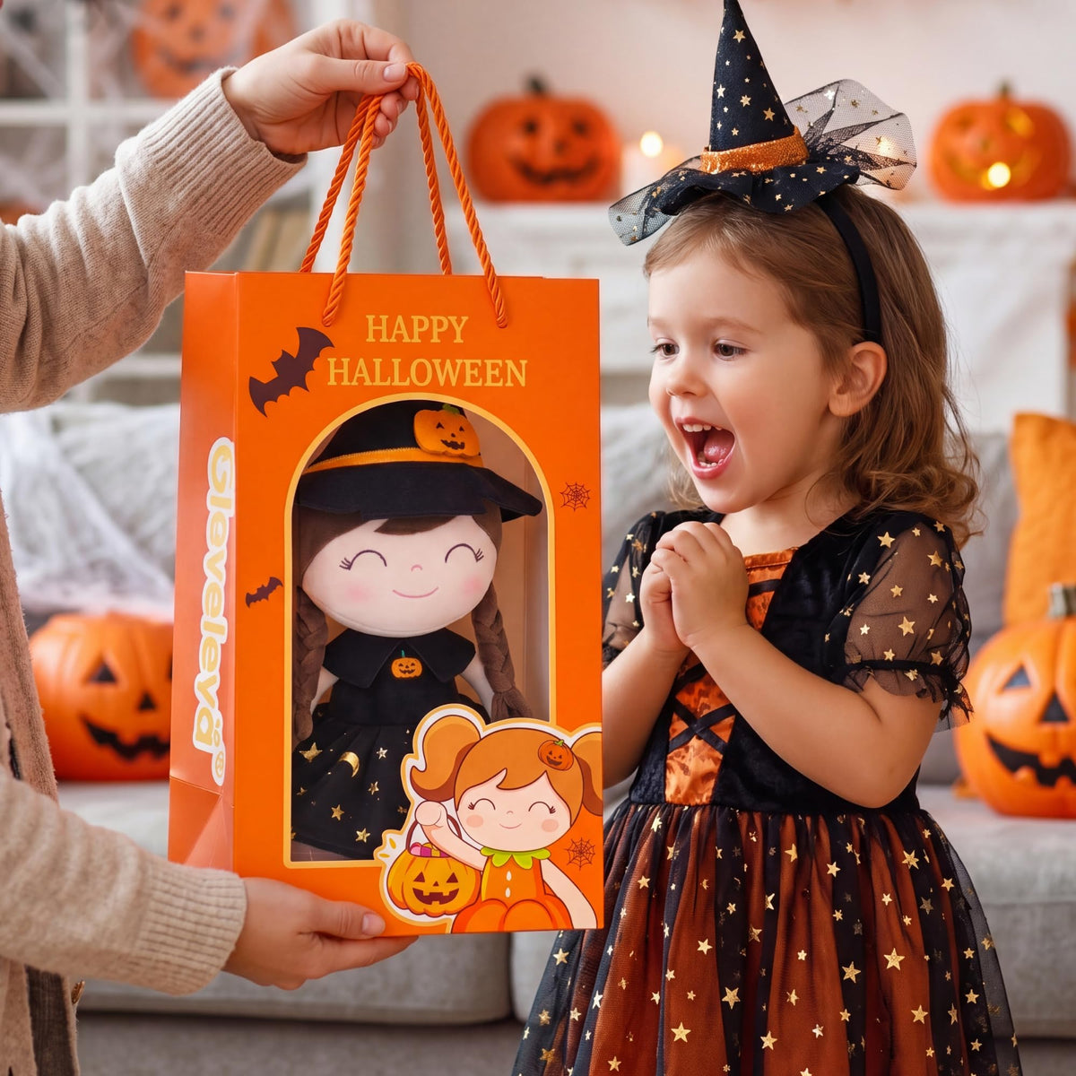 Gloveleya Halloween Soft Plush Toy, Baby Girl Gifts, Witch Doll, Black Dress, 16 Inch