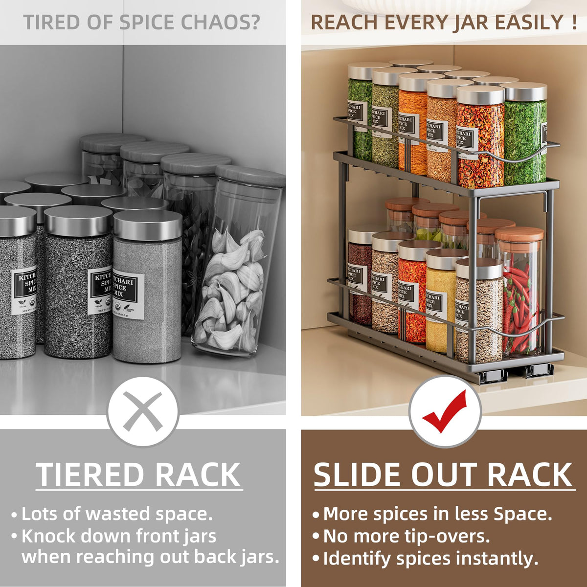 Bunoxea Pull Out Spice Rack 2 Pack,Slide Out Cabinet Spice Rack,Black