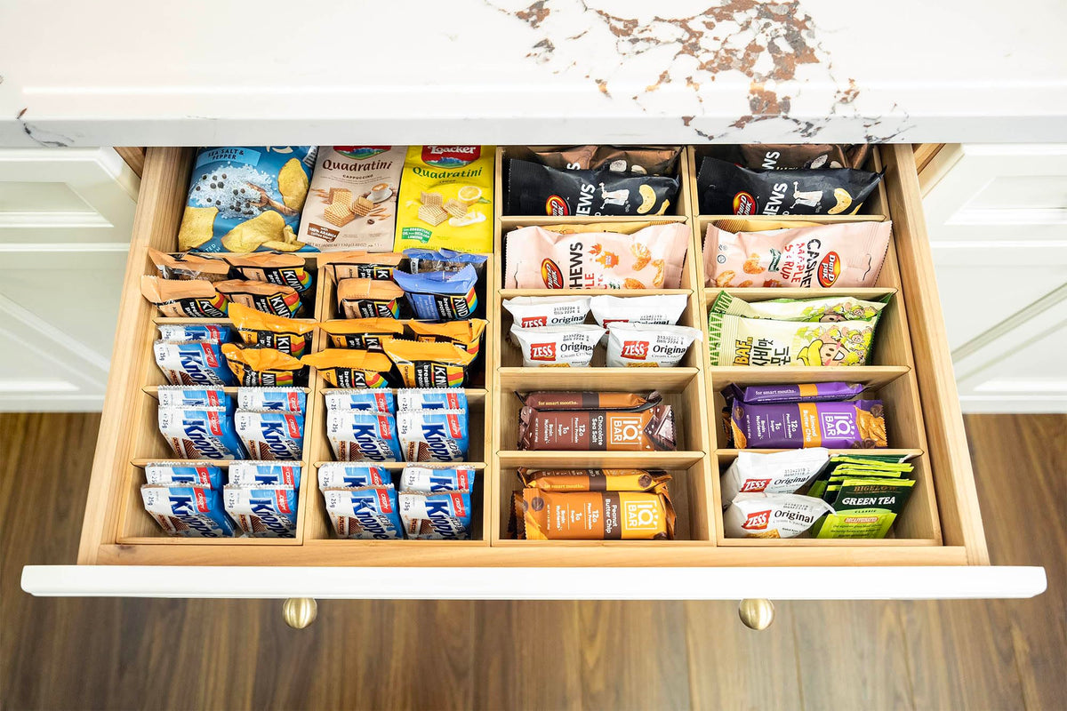 Umilife Large Bamboo Pantry Organizers and Storage Bins with Removable Dividers, Kitchen Drawer Cabinet Countertop Organization for Snack, Spice Packets, Teabags, Seasoning Pouches (2 Pack)