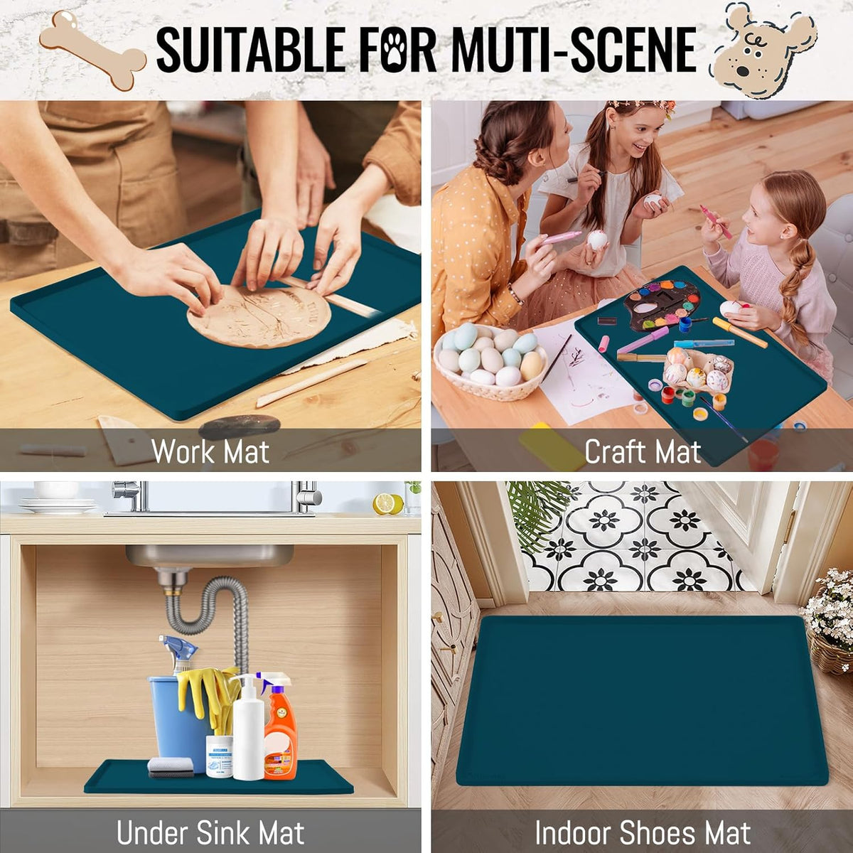 MateeyLife Dog & Cat Food Water Mat for Floors Waterproof, Nonslip Pets Bowl Feeding Mats with Raised Edges, Silicone Matt Tray for Messy Drinkers, 18"x12", Navy