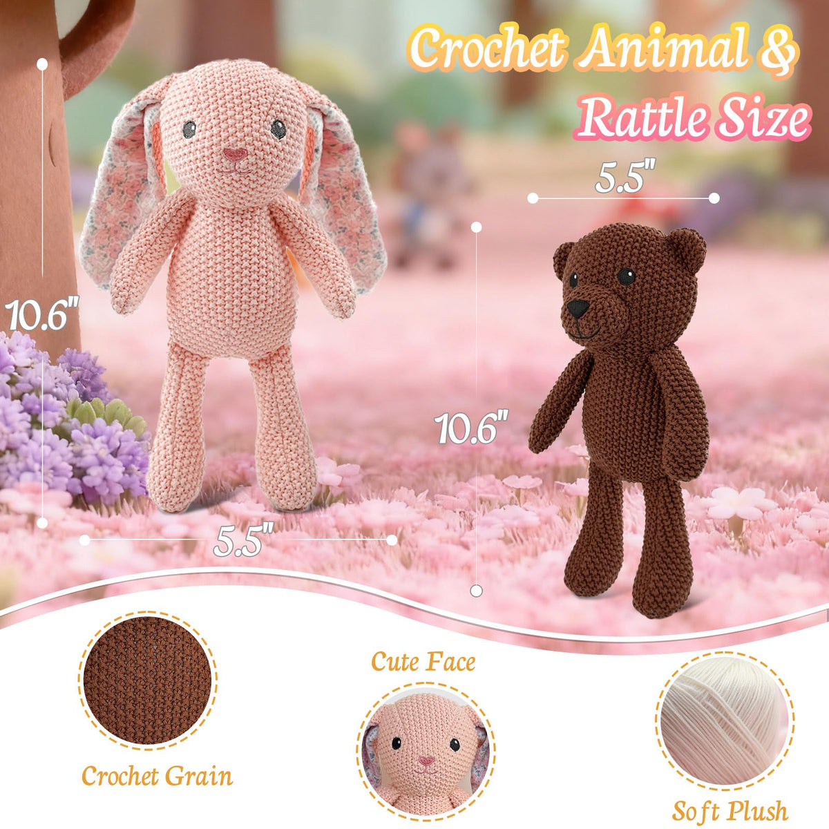 okegztoa Crochet Stuffed Animals for Kids 2-Pack - Rabbit & Bear, 10" Soft Cute Plush Toys, Hand-Knitting Cotton Thread Plush Animals, Ideal Birthday for Boys Girls Kids & Adults