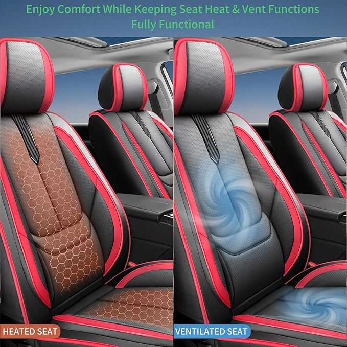 Fit Honda Fit Car Seat Covers for Honda Fit 2007-2019 2020-Upgraded Premium Waterproof & Breathable Leather,Airbag Compatible,All-Weather Seat Cushion Protector,Full Set,Black-Red