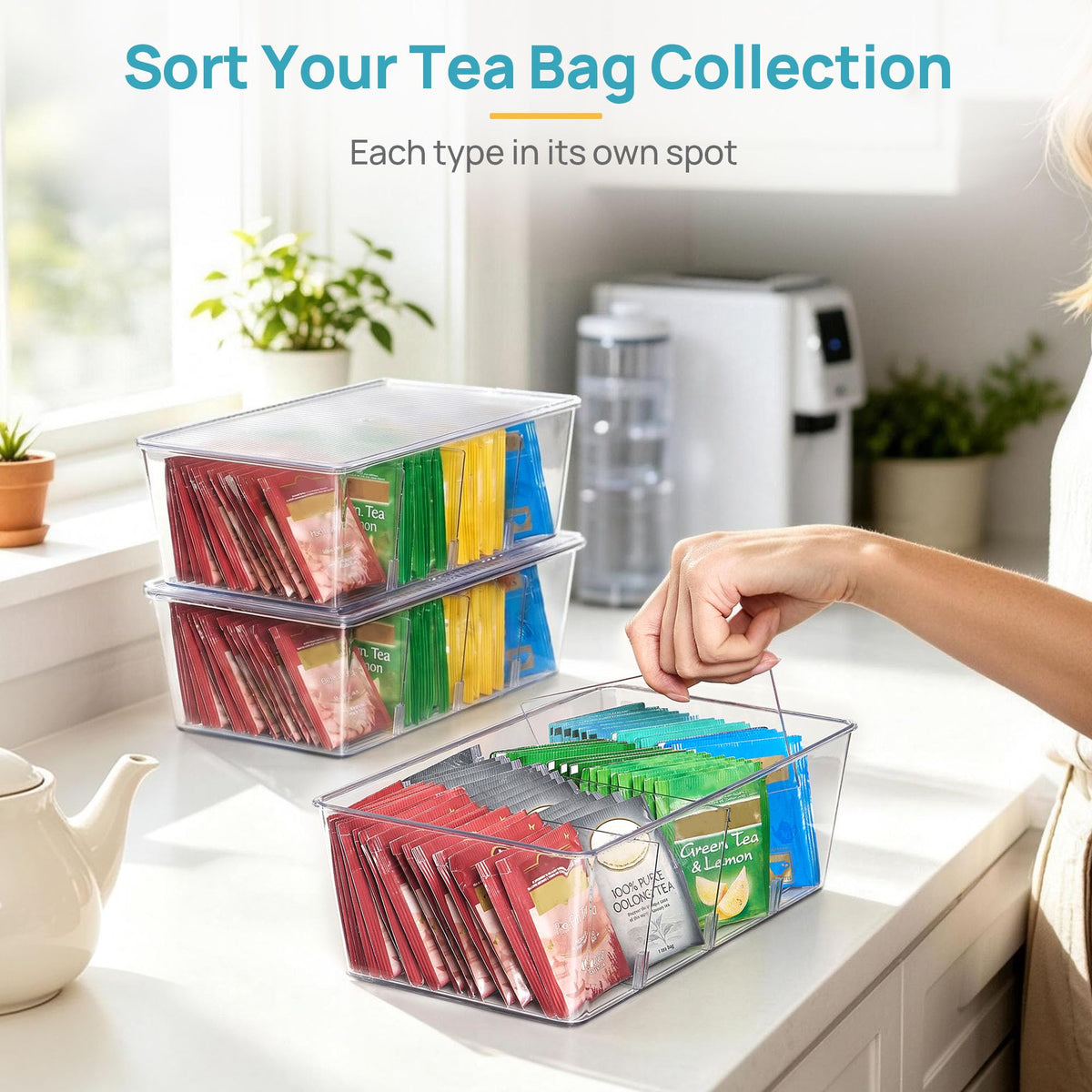 Vtopmart 4 Pack Pantry Organizer Bins with Lids, Removable Dividers