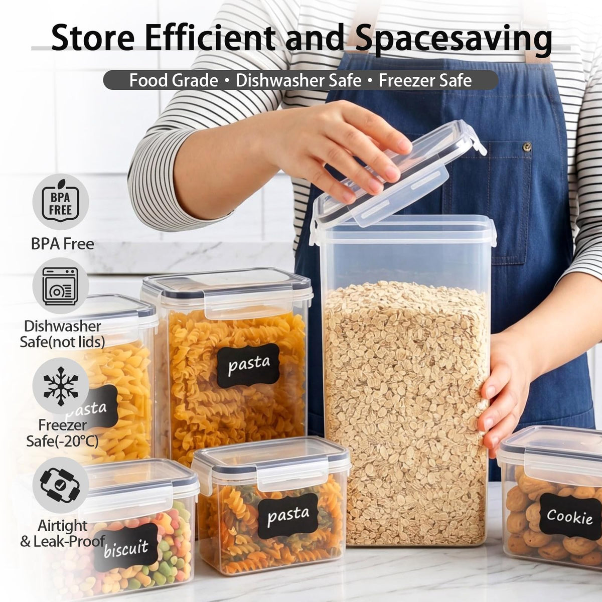 Asnews 9 PCS Airtight Food Storage Containers with Lids, Plastic Kitchen and Organization Canisters for Cereal, Dry Food, Flour and Sugar, BPA-Free, PVC-Free, Includes Labels & Marker