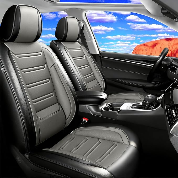 Fit Accord Car Seat Covers for Select Honda Accord 2012-2026 - Premium Full Coverage Leather, Airbag Compatible, Waterproof & All Weather Seat Protector, Full Set, Black+Gray