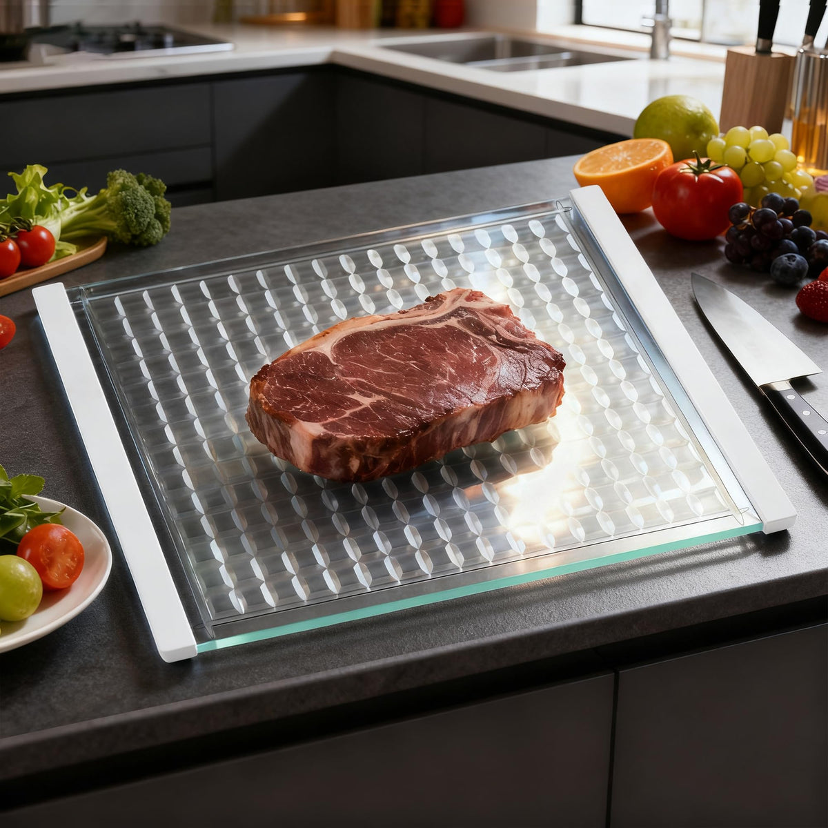 Luxury Artisan Mosaic Glass Cutting Board with Juice Groove - Tempered Glass checkered cutting board & Serving Tray, Dishwasher Safe, 16.2" x 12" x 0.24"