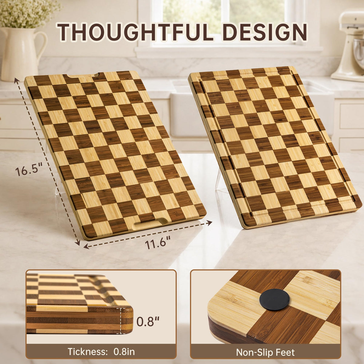 THETCHRY Checkered Cutting Board for Kitchen, Bamboo Wooden Cutting Board