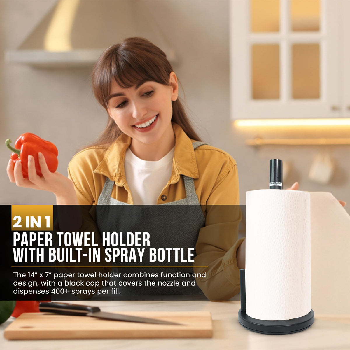 2-in-1 Paper Towel Holder with Spray Bottle, Matte Black Metal, Countertop