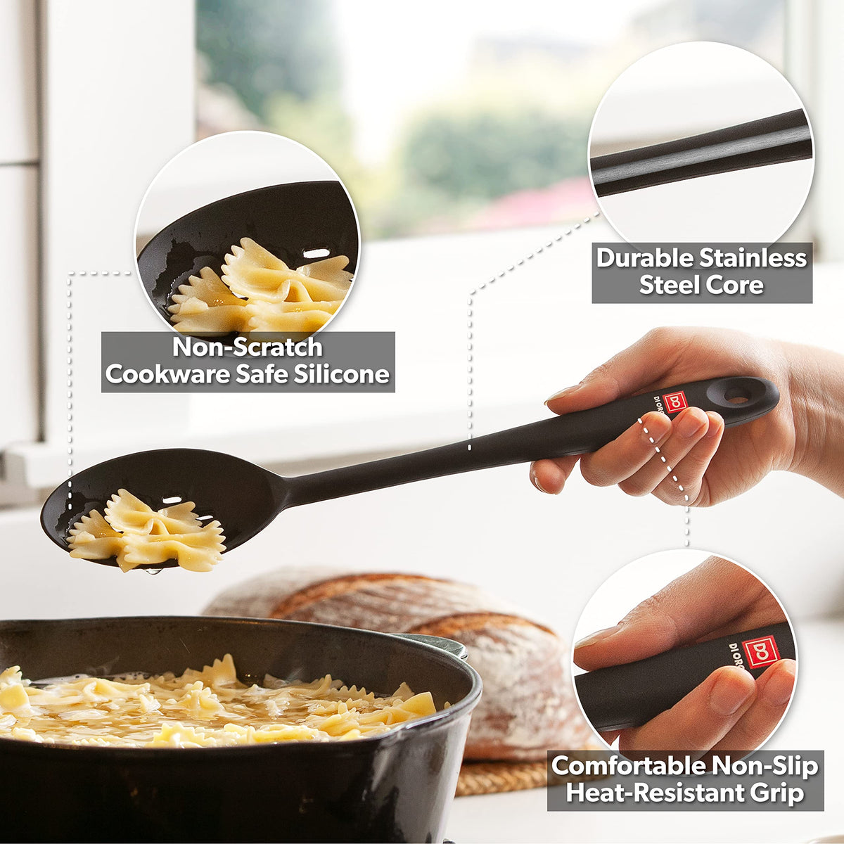 DI ORO Silicone Cooking Spoons - Solid & Slotted Set, 2-Pc Black