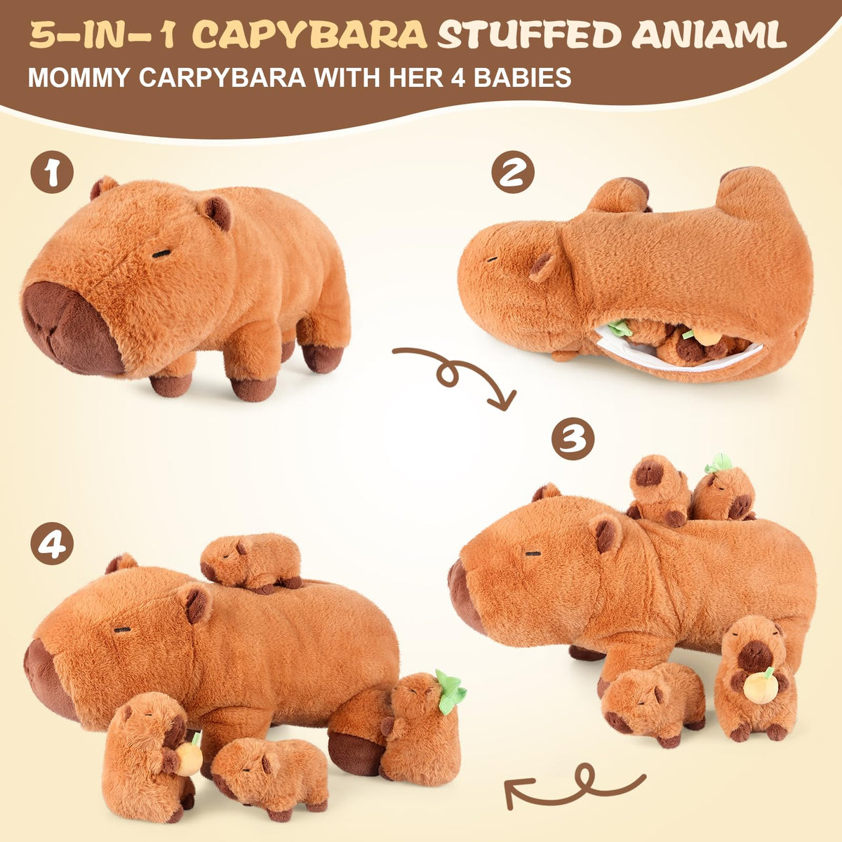 SuzziPals Capybara Plush Toys with 4 Babies, Cute Capybara Gifts for Kids