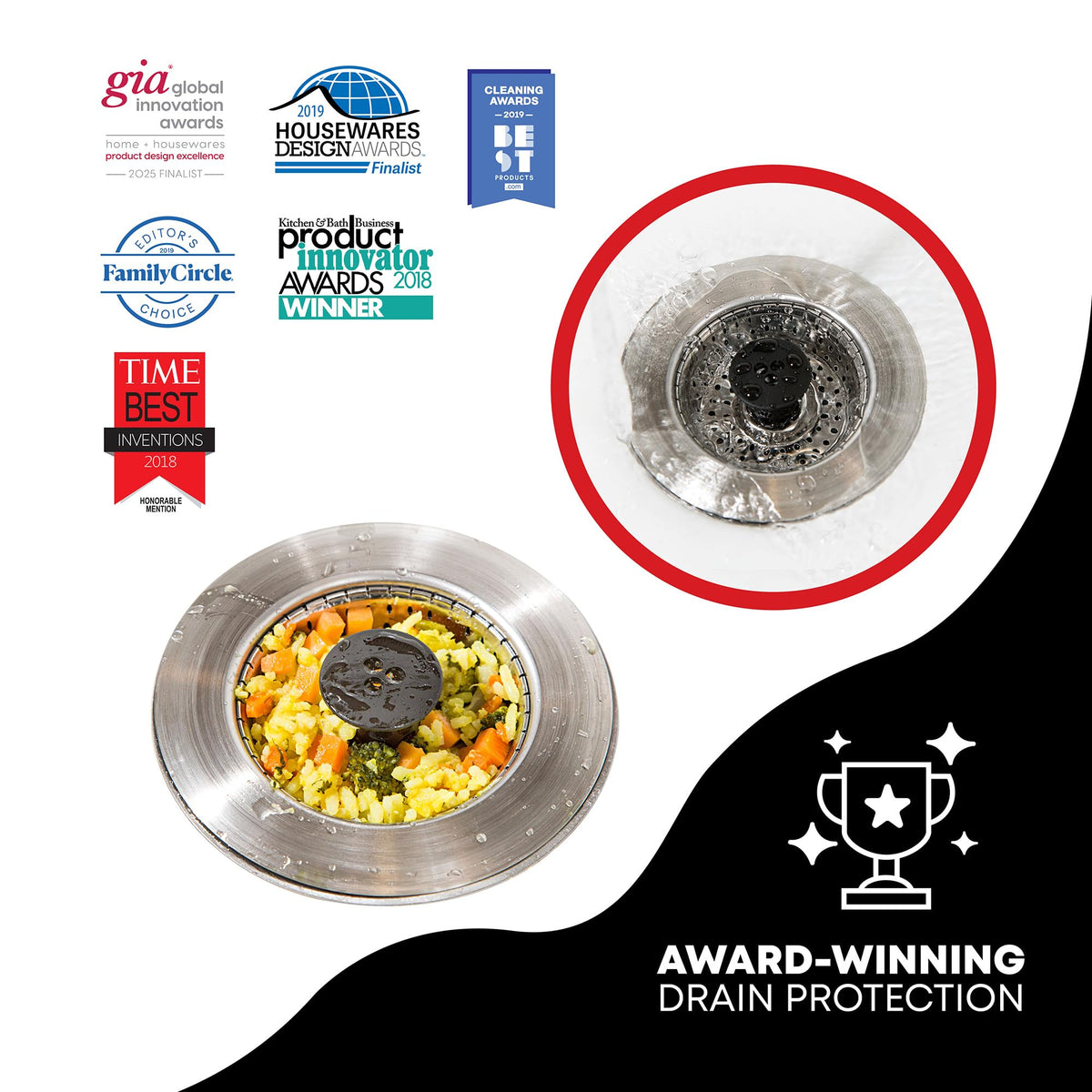 Kitchen SinkShroom Revolutionary Clog-Free Stainless Steel Sink Strainer, Black, 1-(Pack)