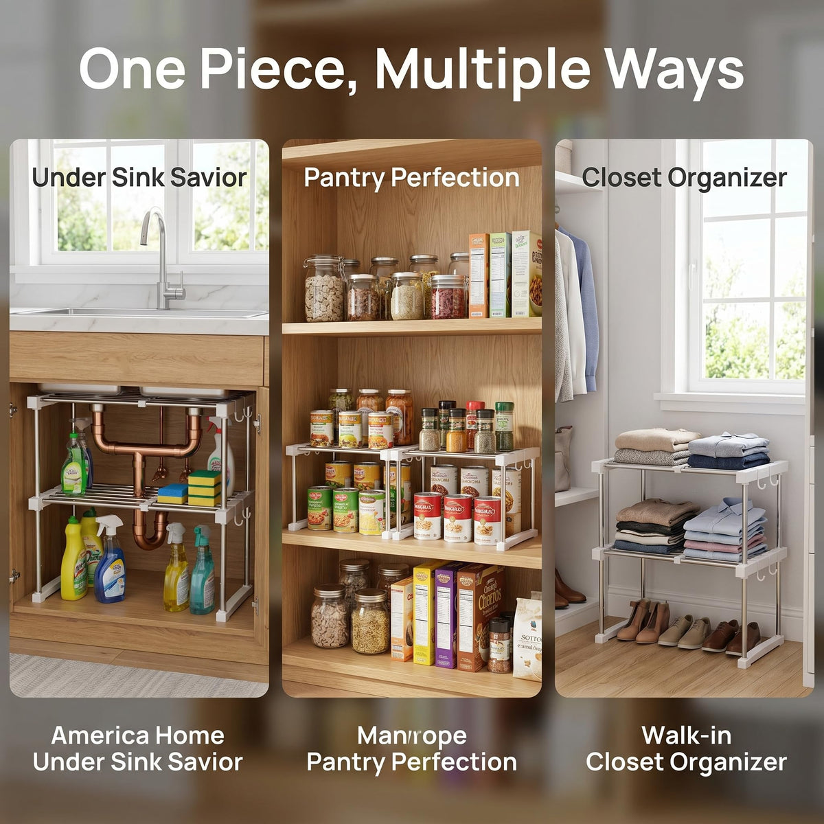 BLULEE Expandable Under Sink Organizer, No-Drill Adjustable Shelf