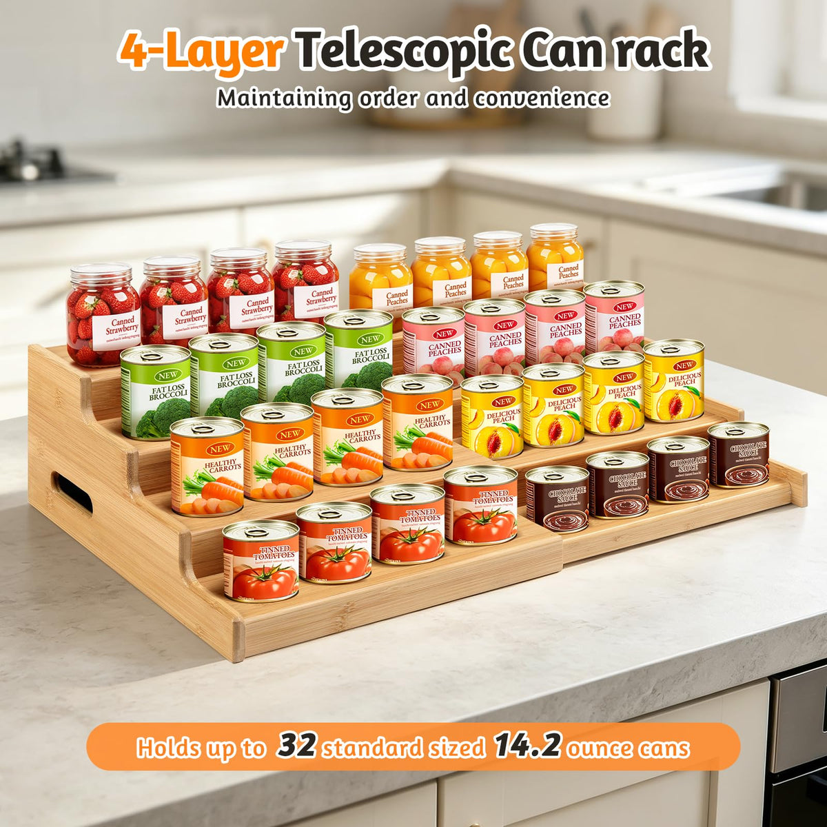 Aclema 4-Tier Bamboo Expandable Can Rack Organizer for Pantry 32 Cans