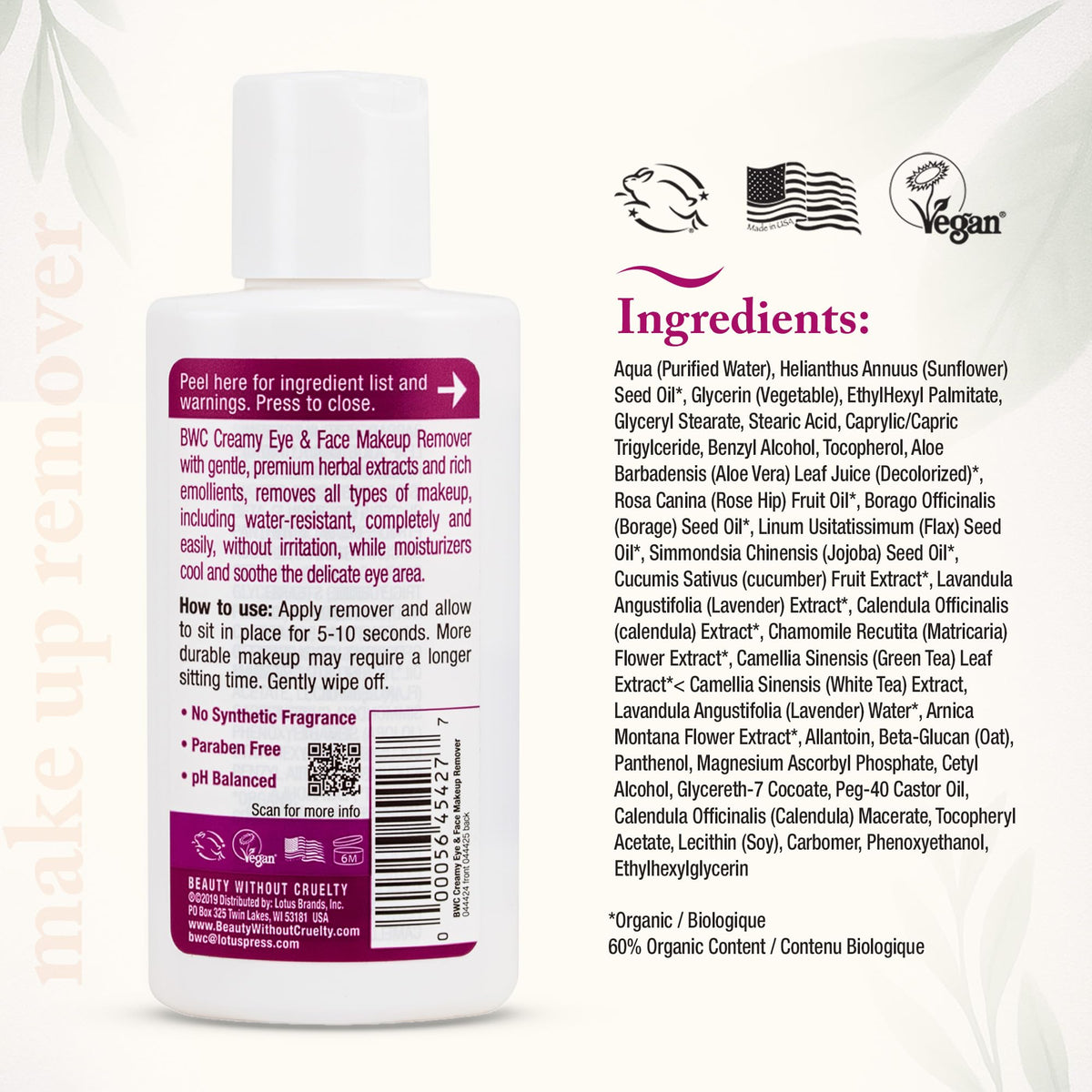 Beauty Without Cruelty Creamy Face & Eye Makeup Remover – Extra Gentle Moisturizing Waterproof Makeup Remover + Cotton Round