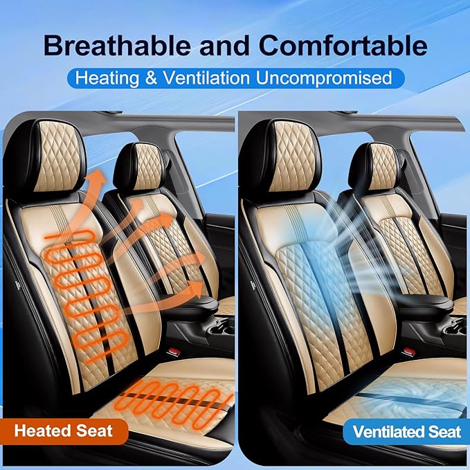 Fit HR-V Car Seat Covers for Honda HRV 2016-2025 2026 LX/EX/EXL/Sport - Full Coverage Leather, Airbag Compatible, Breathable Waterproof All Weather Seat Protector, Full Set, Black+Beige
