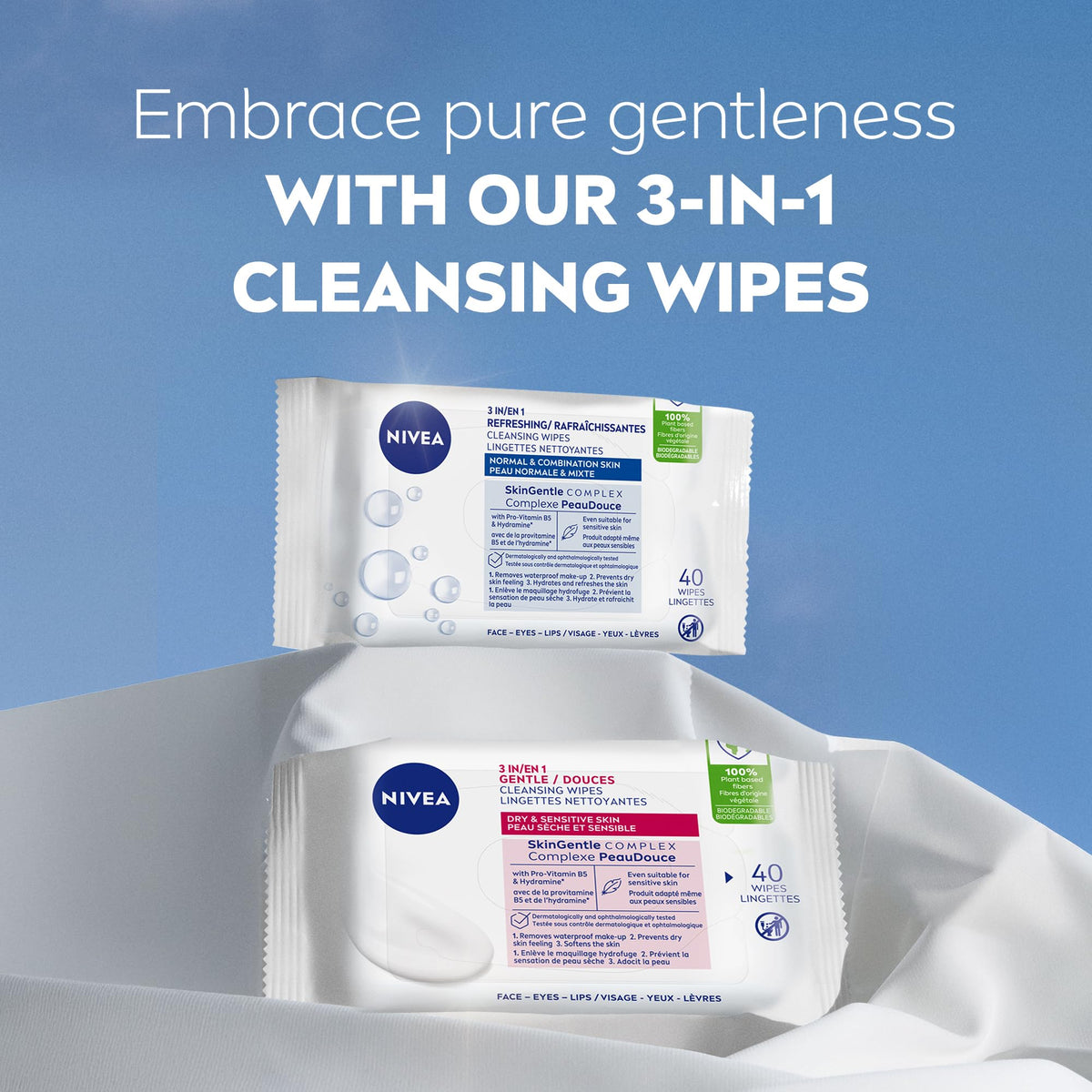 NIVEA 3-in-1 Refreshing Face Cleansing Wipes (40 Count), Normal/Combination Skin, Biodegradable, Plant-Based Fibres, Makeup Remover, Dermatologically Tested