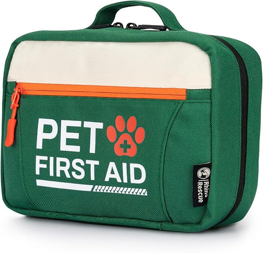 RHINO RESCUE Pet First Aid Kit, Emergency Medical Supplies for Dogs & Cats, Safety Essentials Pack with Thermometer, Disposable Booties for Home, Hiking, Traveling & Camping