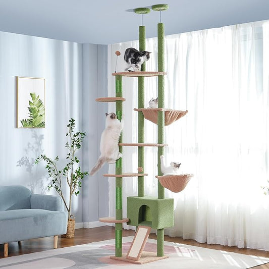 Floor to Ceiling Cat Tree Tall Cat Tower with Adjustable Height (81.8-108 Inches) with Fully Scratching Post Private Condo and Hammock for Indoor Cats (Green, Triple Dule Posts)