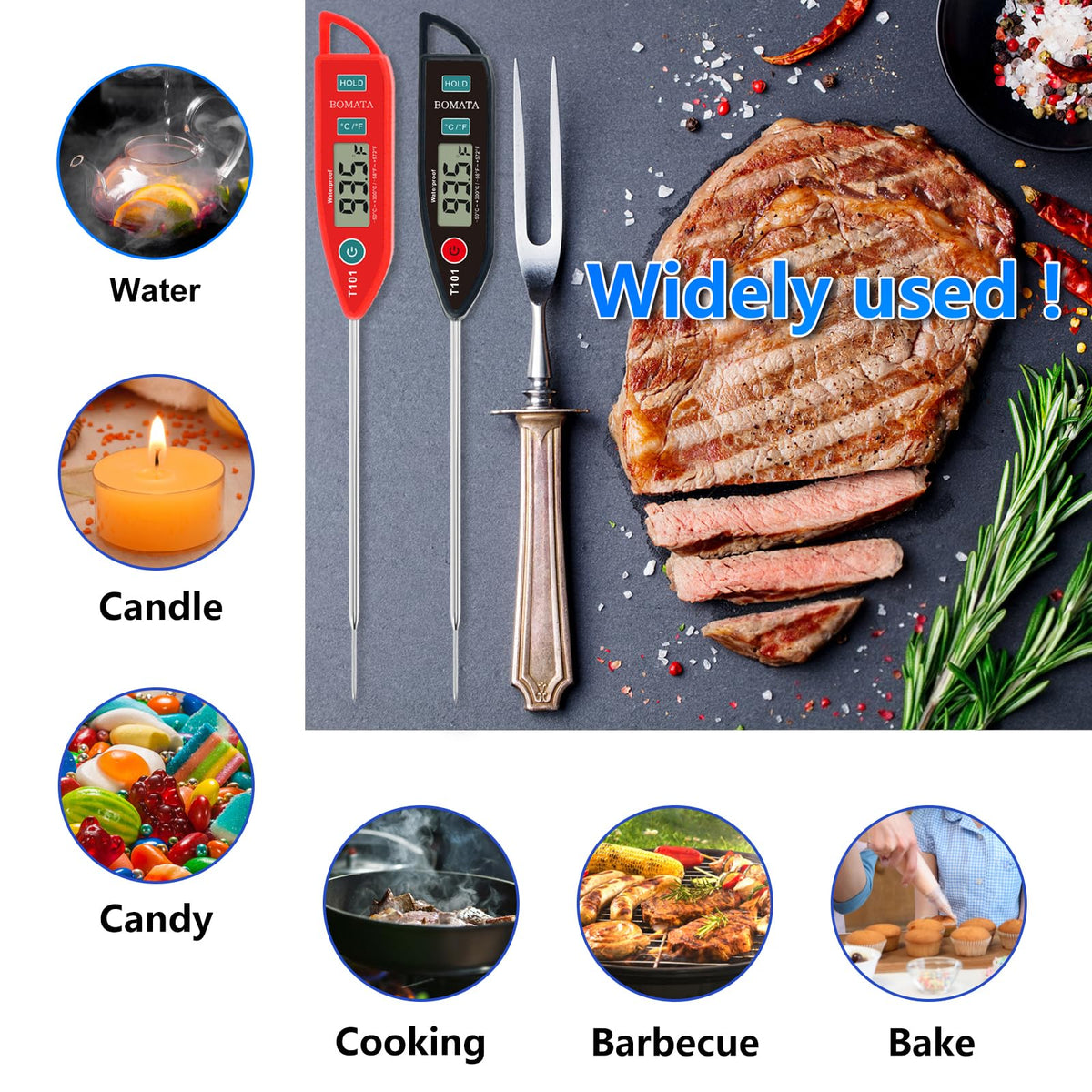 BOMATA 2 Pack Waterproof IPX7 Meat Thermometer, Food Thermometer