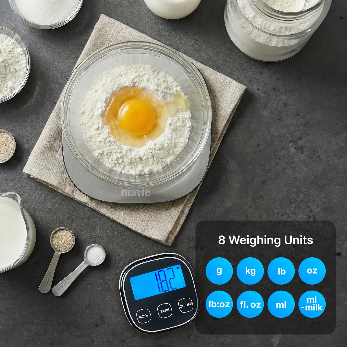 MAVIÉ Wireless Stainless Steel Kitchen Scale with Magnetic Detachable Display, 8 Unit Modes, Precision Tare, 5kg Capacity, Ultra-Slim Digital Food & Baking Scale