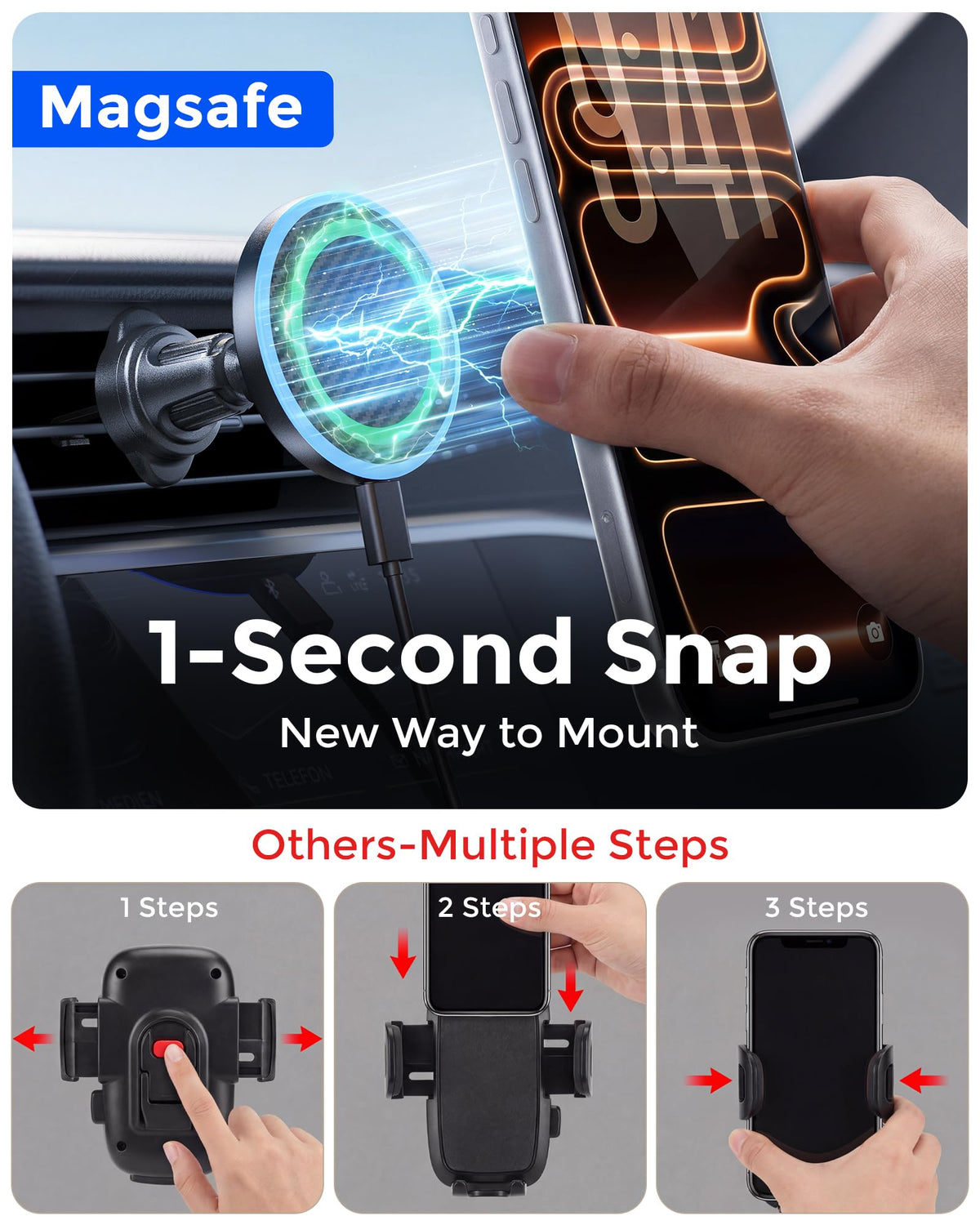 Estbuc 2-in-1 15W Magsafe Car Mount Charger, Magnetic Wireless Car Charger