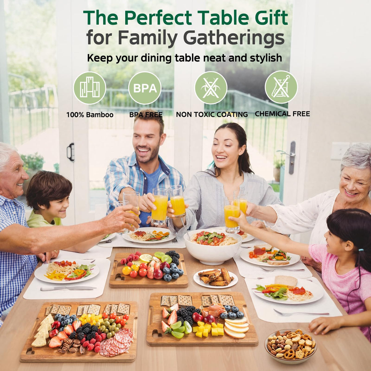 Vocvee Bamboo Cutting Boards for Kitchen(Set of 3), Wood Cutting Board with Wood Storage Stand, Charcuterie & Chopping Board for Vegetables and Meat, with Deep Juice Groove, Ideal Kitchen Gifts