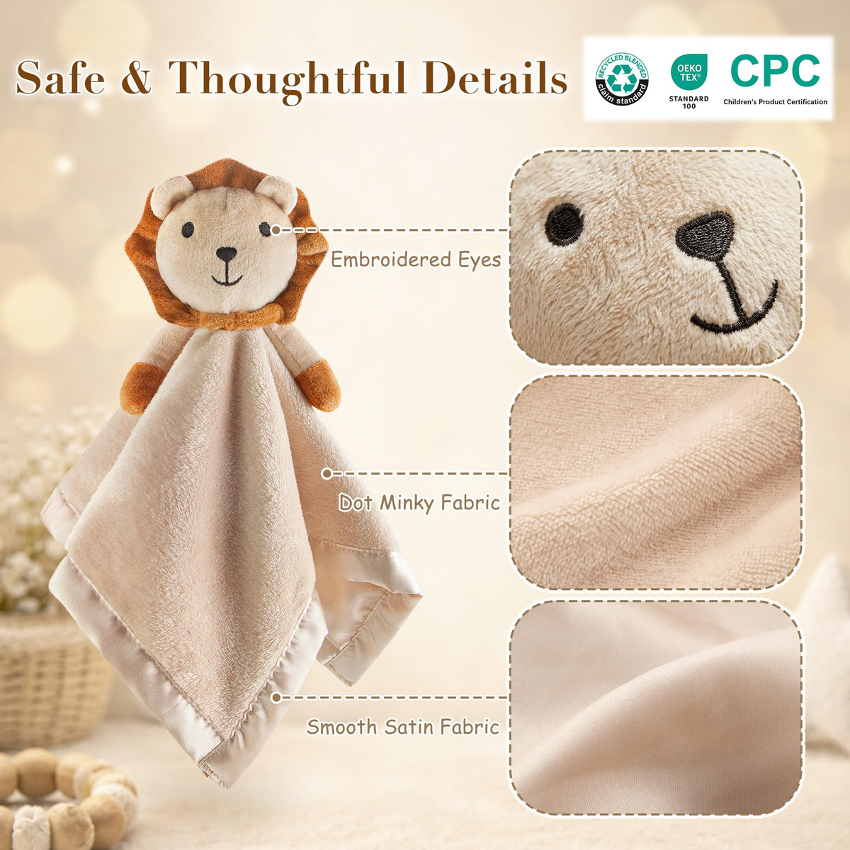 Pro Goleem Lion Security Blanket, Soft Lovey Unisex Lovie Baby Gift for Newborn Boys and Girls Snuggle Toy Stuffed Animal 16 Inch