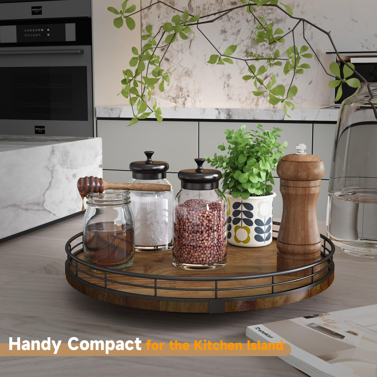 AMH 13-Inch Farmhouse Oak Lazy Susan Organizer, Walnut Finish