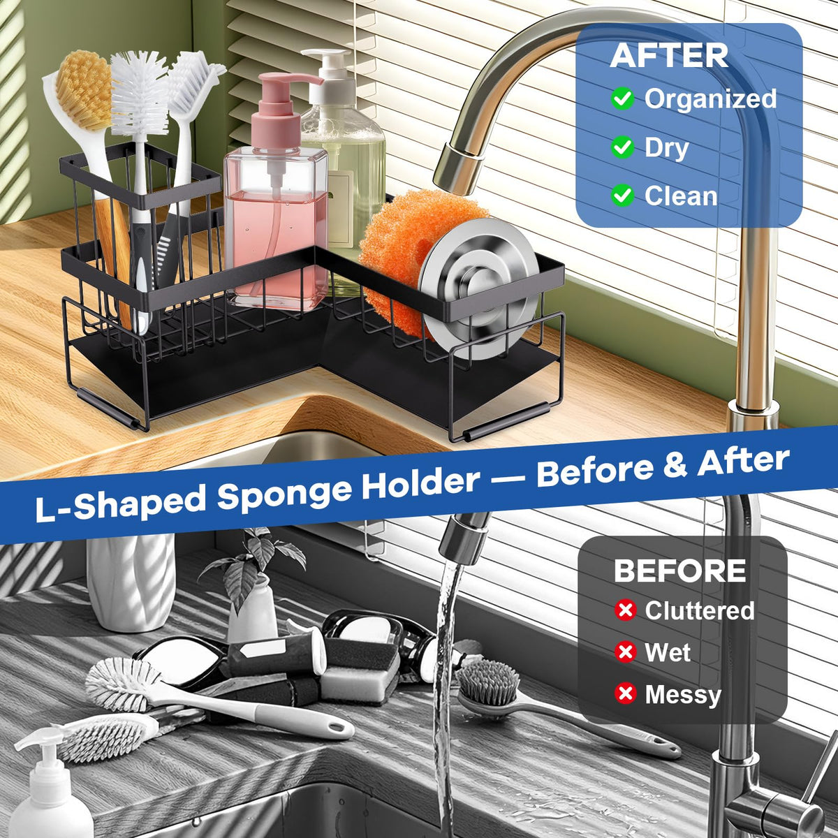RealPlus Large Sponge Holder for Sink Caddy, 90° Kitchen Sink Organizer